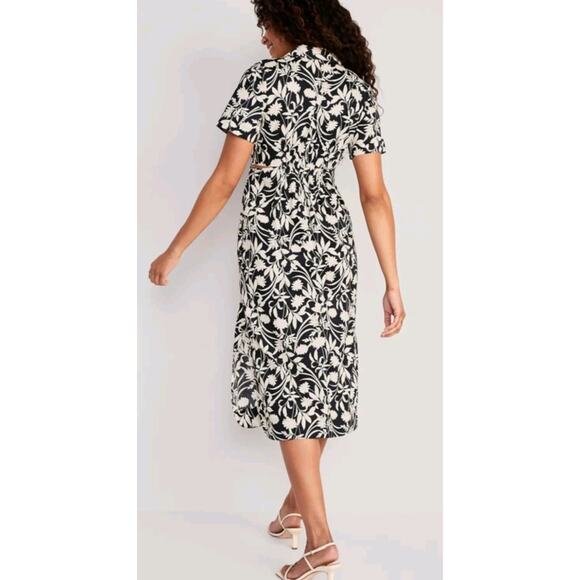 Old Navy Waist-Defined Midi Shirt Dress Navy Blue White Floral Cotton Sz XXL - Picture 3 of 14